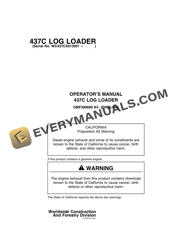 John Deere 437C Log Loader Operator Manual OMF390699
