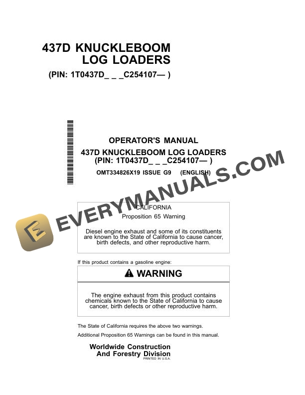 John Deere 437D Knuckleboom Log Loader Operator Manual OMT334826X19