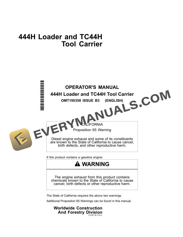 John Deere 444H Loader, TC44H Tool Carrier Operator Manual OMT195358