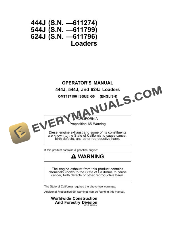 John Deere 444J, 544J, 624J Loader Operator Manual OMT197190