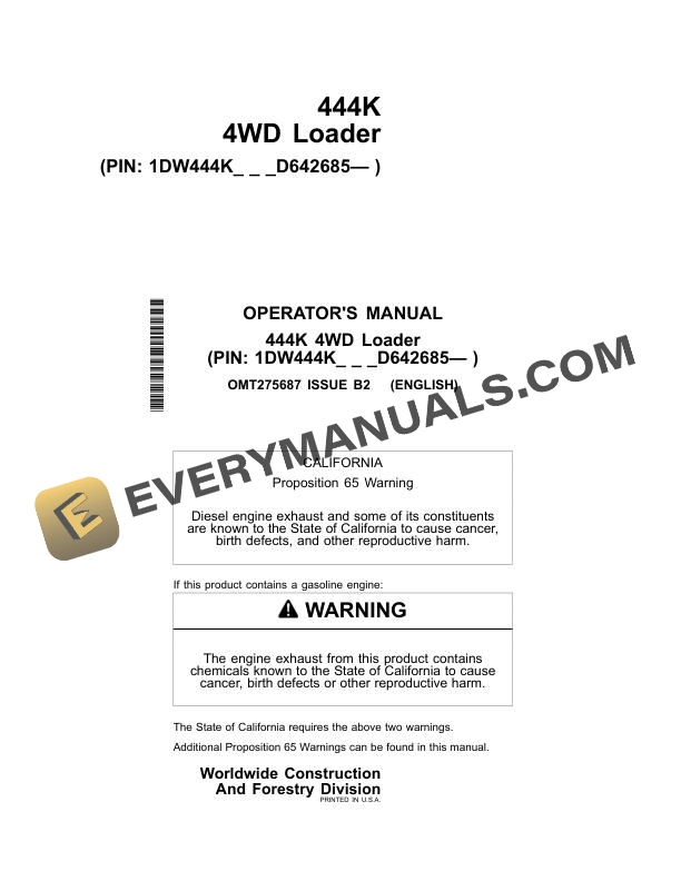 John Deere 444K 4WD Loader Operator Manual OMT275687