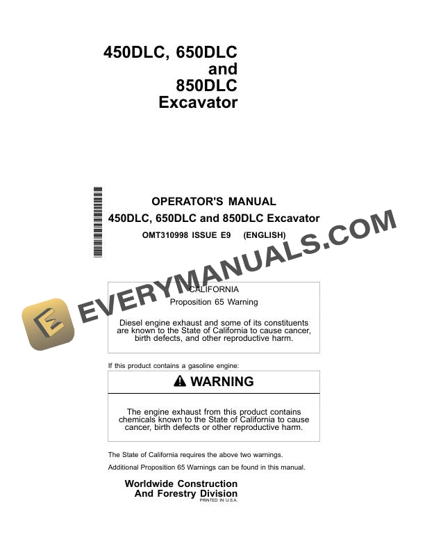 John Deere 450DLC, 650DLC, 850DLC Excavator Operator Manual OMT310998