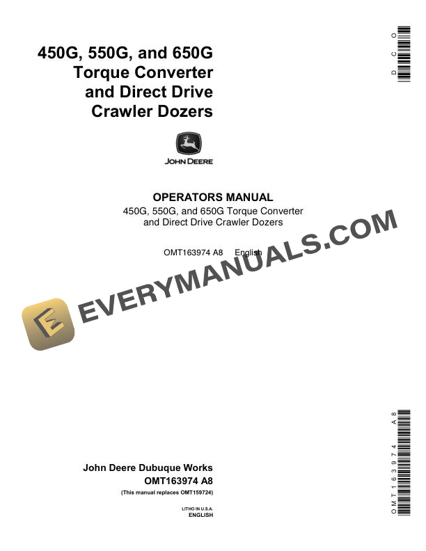 John Deere 450G, 550G, 650G Torque Converter and Direct Drive Crawler Dozer Operator Manual OMT163974