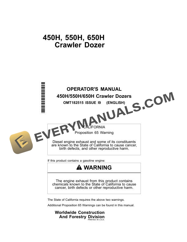 John Deere 450H, 550H, 650H Crawler Dozer Operator Manual OMT182515