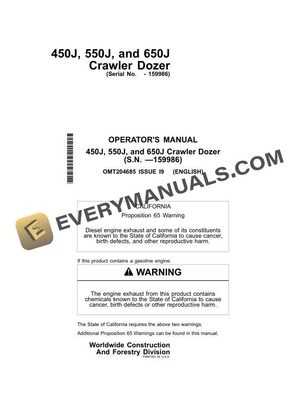 John Deere 450J, 550J, 650J Crawler Dozer Operator Manual OMT204685