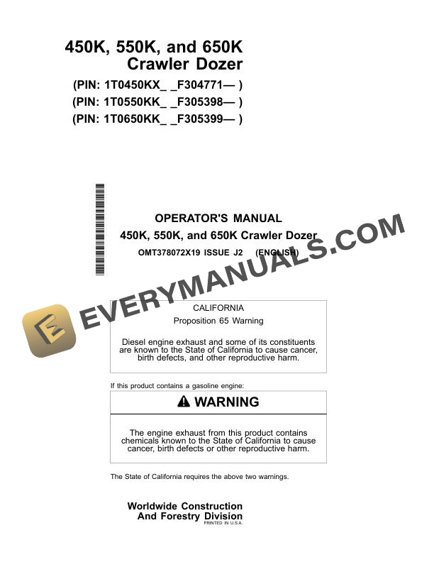 John Deere 450K, 550K, 650K Crawler Dozer Operator Manual OMT378072X19