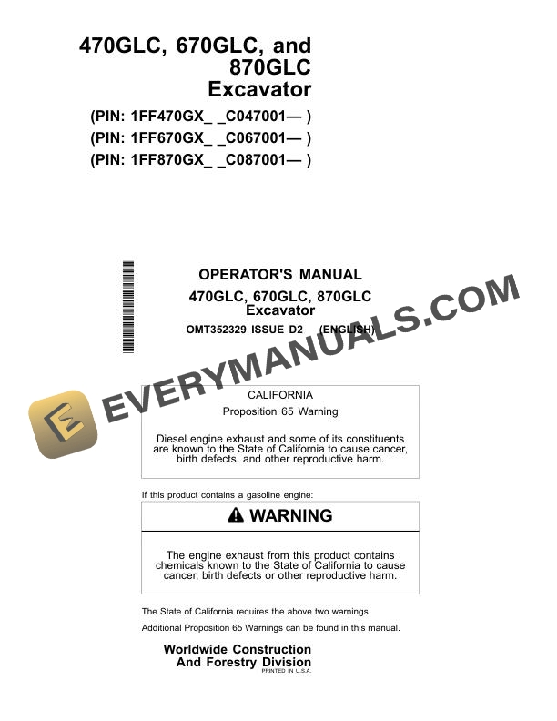 John Deere 470GLC 670GLC 870GLC Excavator Operator Manual OMT352329