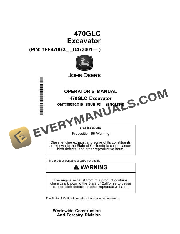 John Deere 470GLC Excavator Operator Manual OMT385302X19