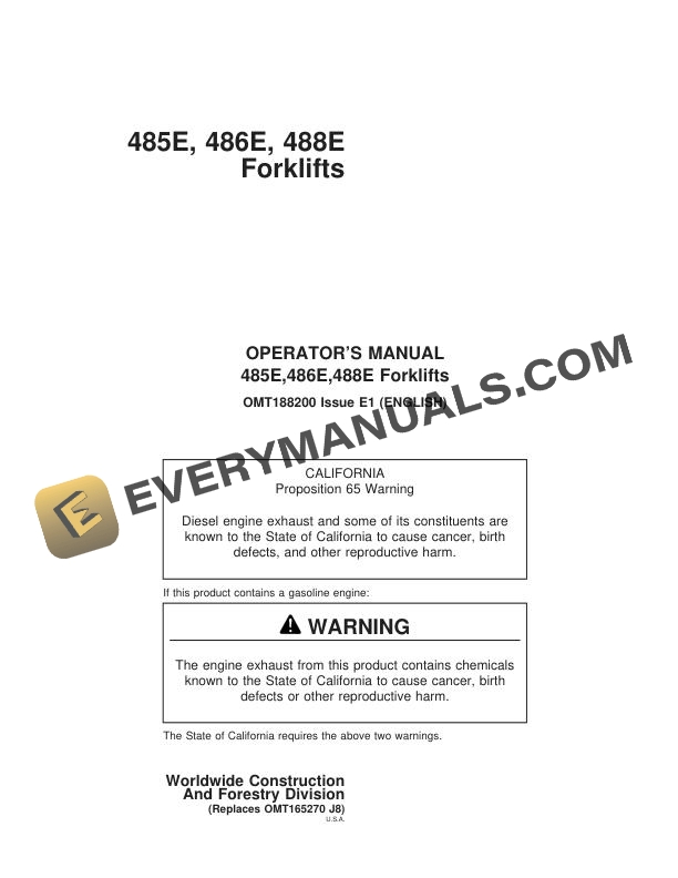 John Deere 485E, 486E, 488E Forklift Operator Manual OMT188200