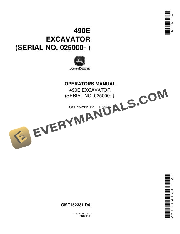 John Deere 490E Excavator Operator Manual OMT152331