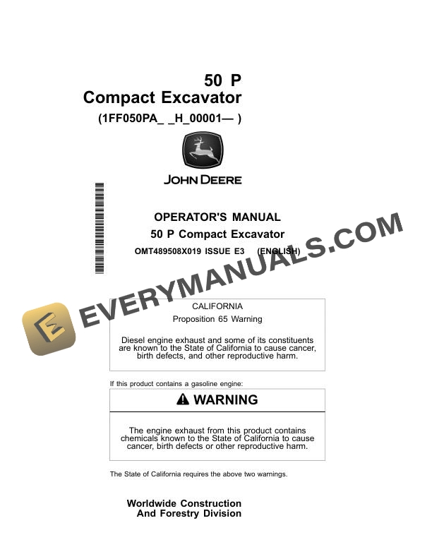 John Deere 50 P Compact Excavator Operator Manual OMT489508X019