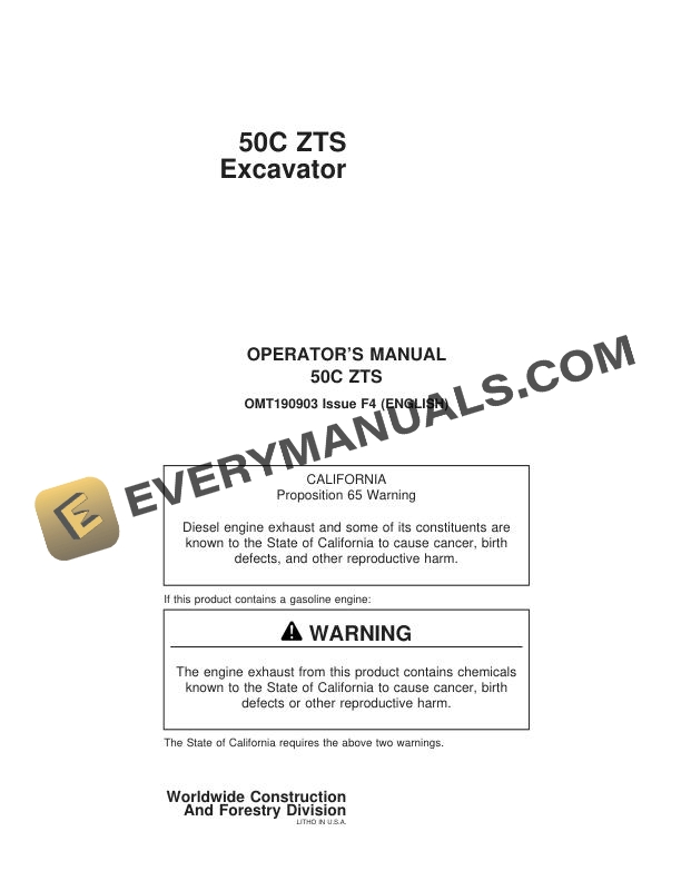 John Deere 50C ZTS Excavator Operator Manual OMT190903