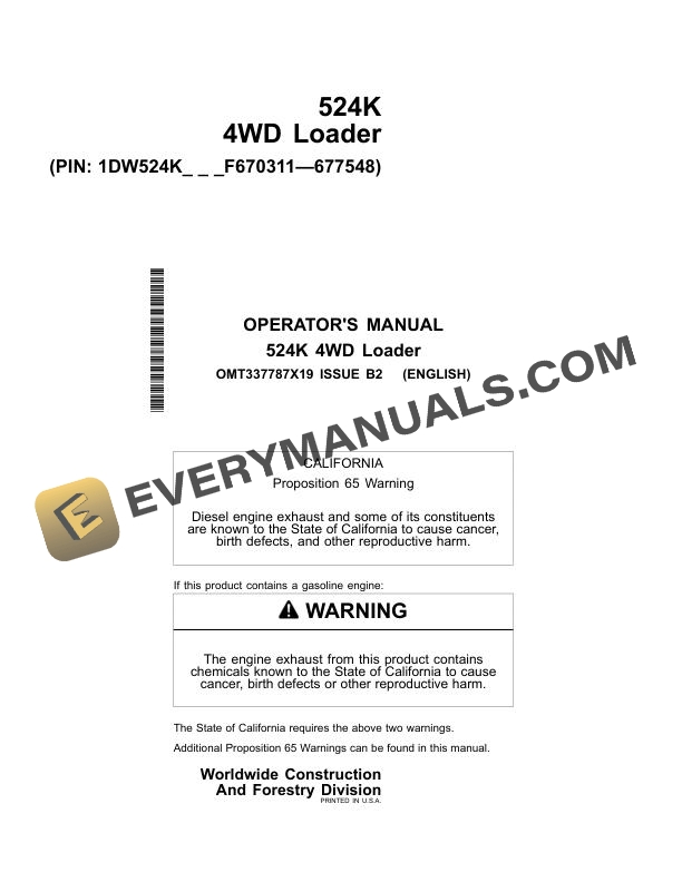 John Deere 524K 4WD Loader Operator Manual OMT337787X19