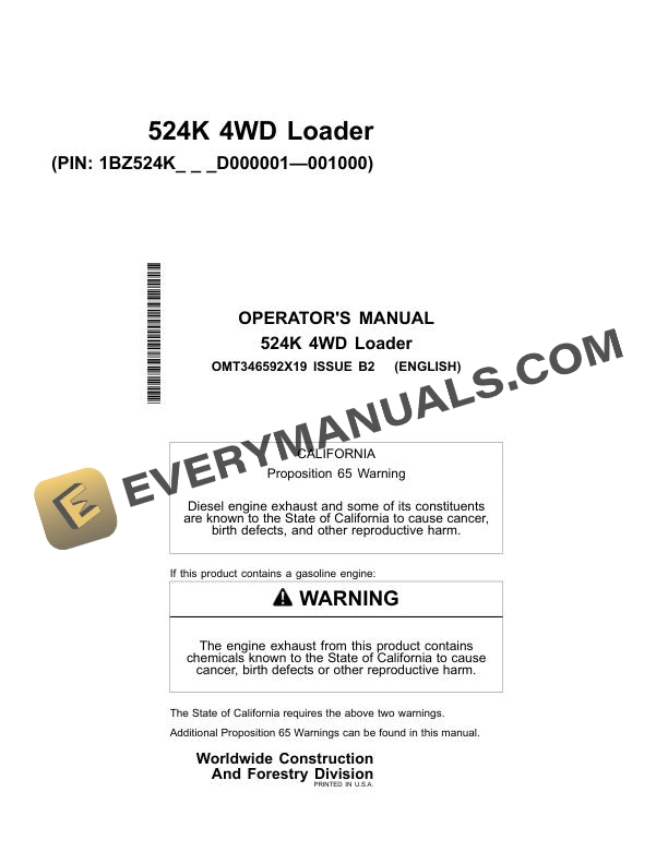 John Deere 524K 4WD Loader Operator Manual OMT346592X19