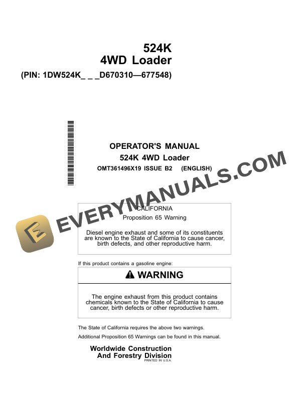 John Deere 524K 4WD Loader Operator Manual OMT361496X19