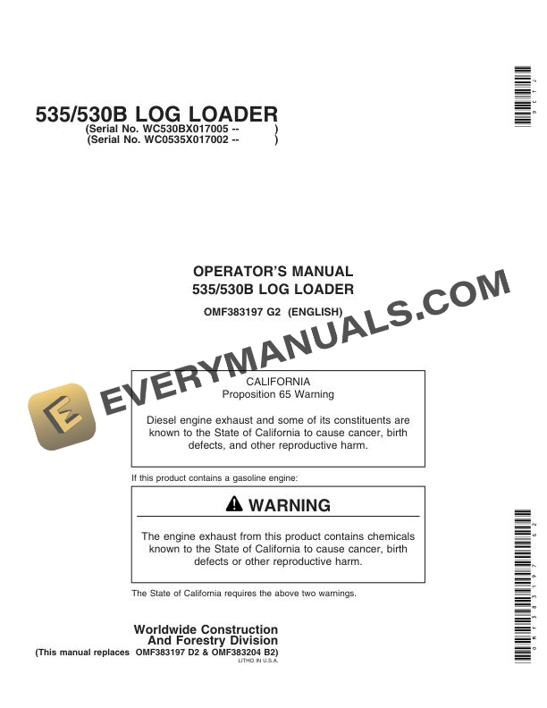 John Deere 535, 530B Log Loader Operator Manual OMF383197
