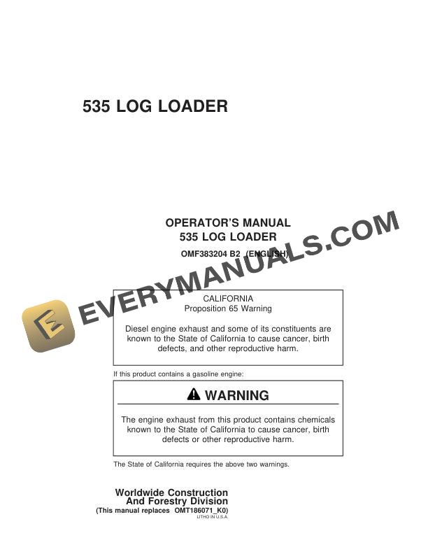 John Deere 535 Log Loader Operator Manual OMF383204