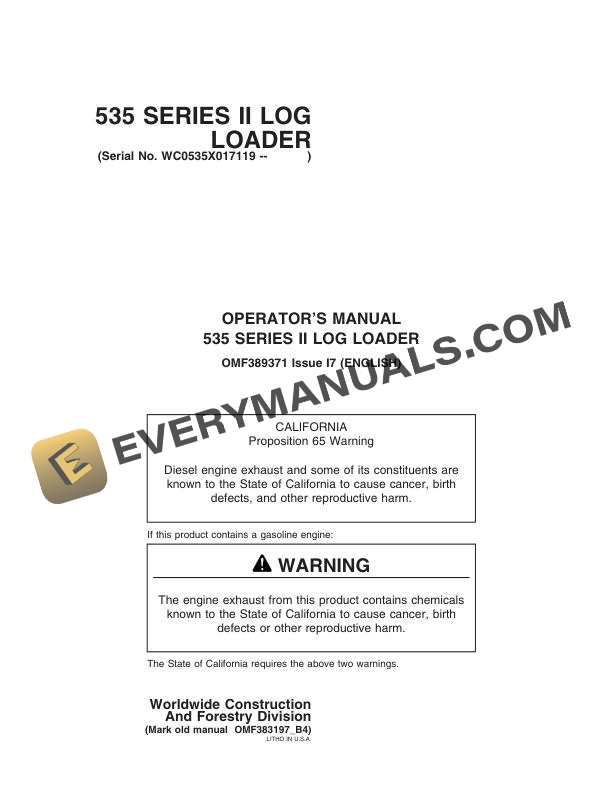 John Deere 535 Series II Log Loader Operator Manual OMF389371