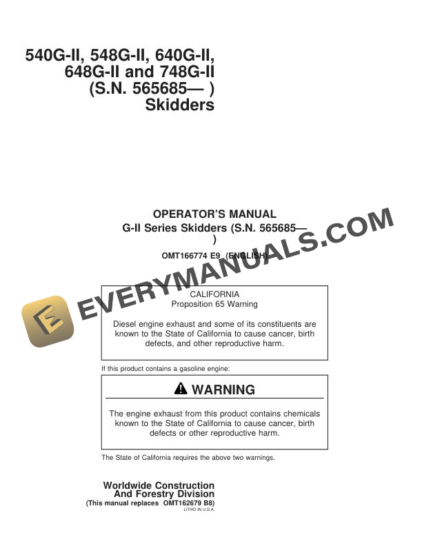 John Deere 540G-II, 548G-II, 640G-II, 648G-II, 748G-II Skidder Operator Manual OMT166774