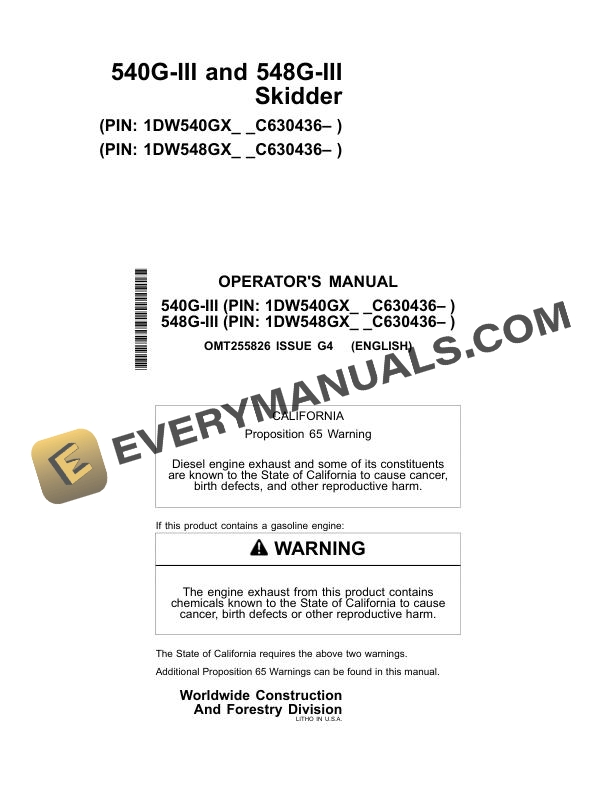 John Deere 540G III 548G III Skidder Operator Manual OMT255826