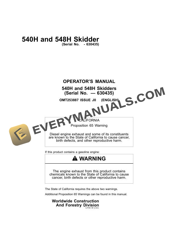 John Deere 540H, 548H Skidder Operator Manual OMT253887