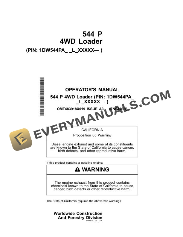John Deere 544 P 4WD Loader Operator Manual OMT483918X019
