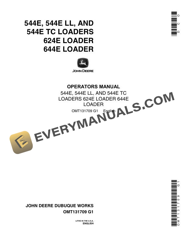 John Deere 544E, 544E LL, 544E TC, 624E, 644E Loader Operator Manual OMT131709