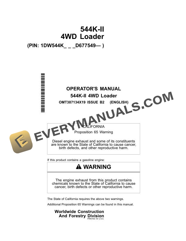 John Deere 544K II 4WD Loader Operator Manual OMT387134X19