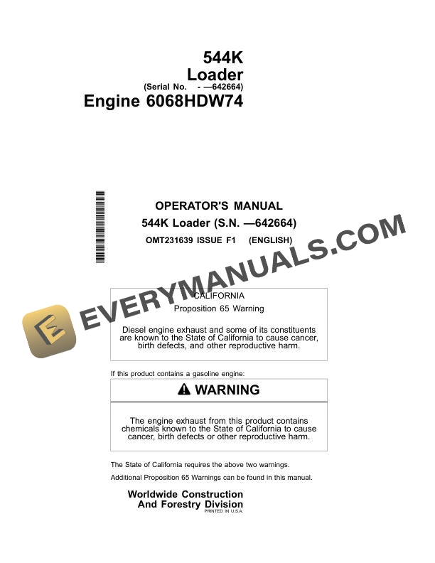 John Deere 544K Loader Operator Manual OMT231639