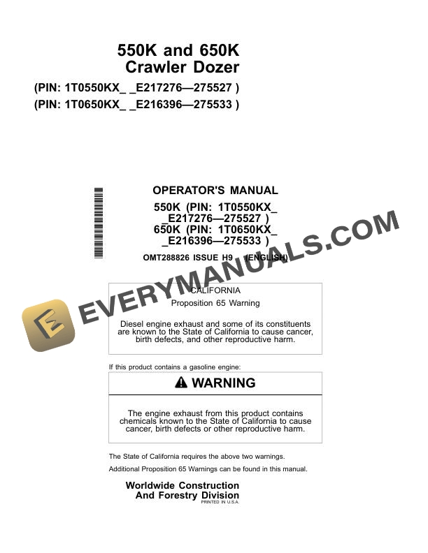 John Deere 550K 650K Crawler Dozer Operator Manual OMT288826