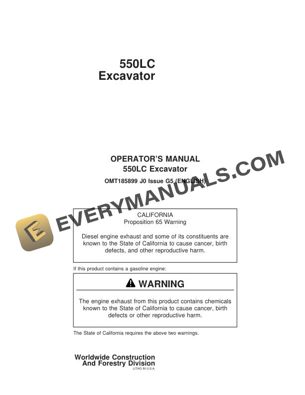John Deere 550LC Excavator Operator Manual OMT185899 2 John Deere 550LC Excavator Operator Manual OMT185899