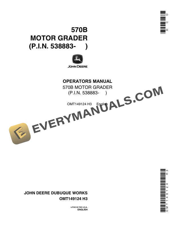 John Deere 570B Motor Grader Operator Manual OMT149124