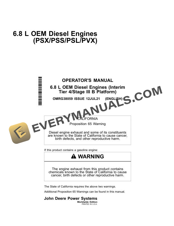 John Deere 6.8L OEM Diesel Engine Interim Tier 4 Stage III B Platform Operator Manual OMRG38059