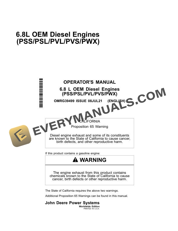 John Deere 6.8L OEM Diesel Engine (PSS PSL PVL PVS PWX) Operator Manual OMRG39499
