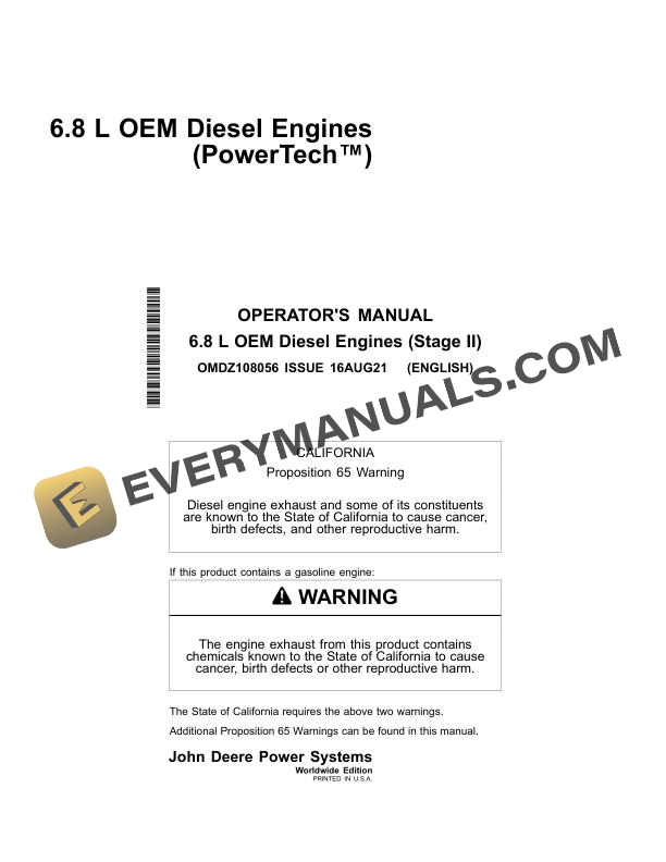 John Deere 6.8L OEM Diesel Engine Stage II Operator Manual OMDZ108056