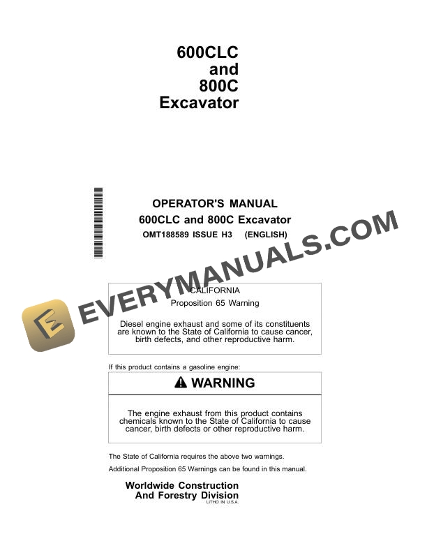 John Deere 600CLC, 800C Excavator Operator Manual OMT188589