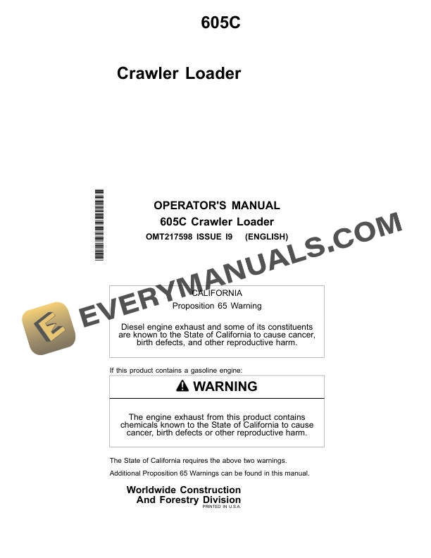 John Deere 605C Crawler Loader Operator Manual OMT217598