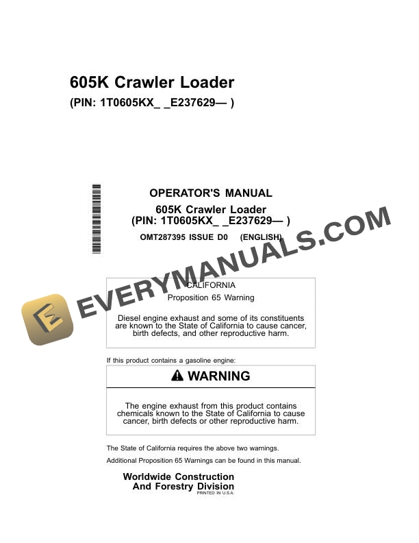 John Deere 605K Crawler Loader Operator Manual OMT287395