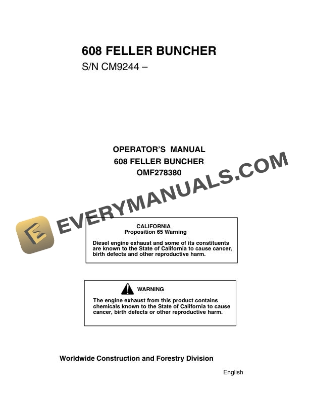 John Deere 608 Feller Buncher Operator Manual OMF278380