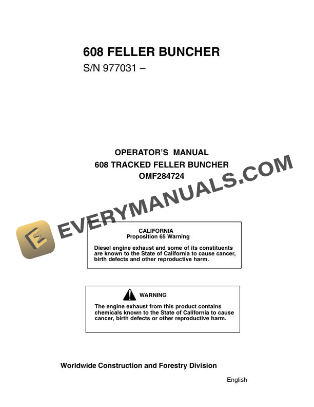 John Deere 608 Feller Buncher Operator Manual OMF284724
