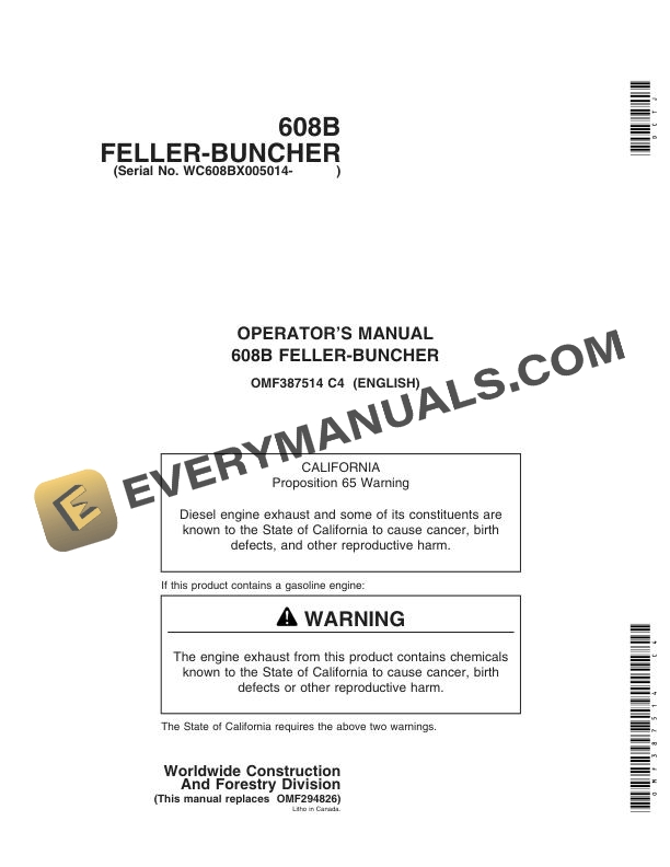 John Deere 608B Feller Buncher Operator Manual OMF387514