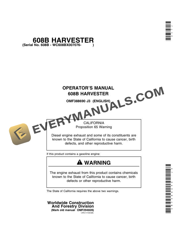 John Deere 608B Harvester Operator Manual OMF388690