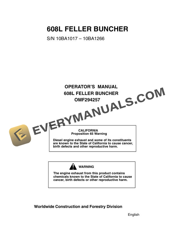 John Deere 608L Feller Buncher Operator Manual OMF294257