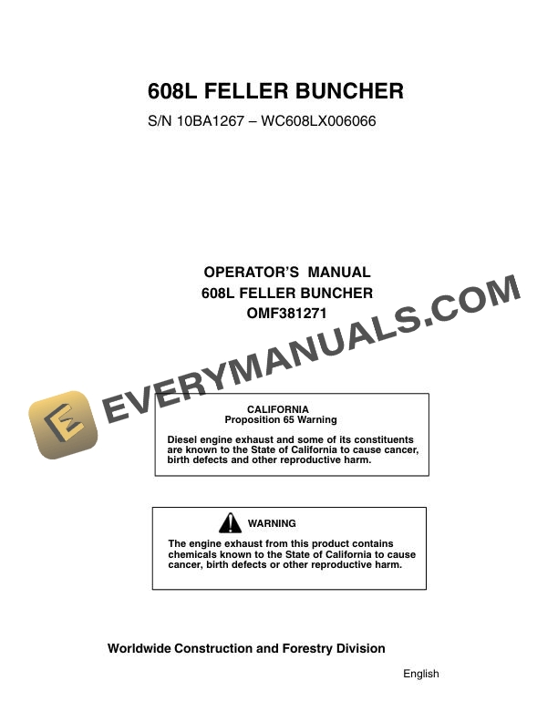John Deere 608L Feller Buncher Operator Manual OMF381271