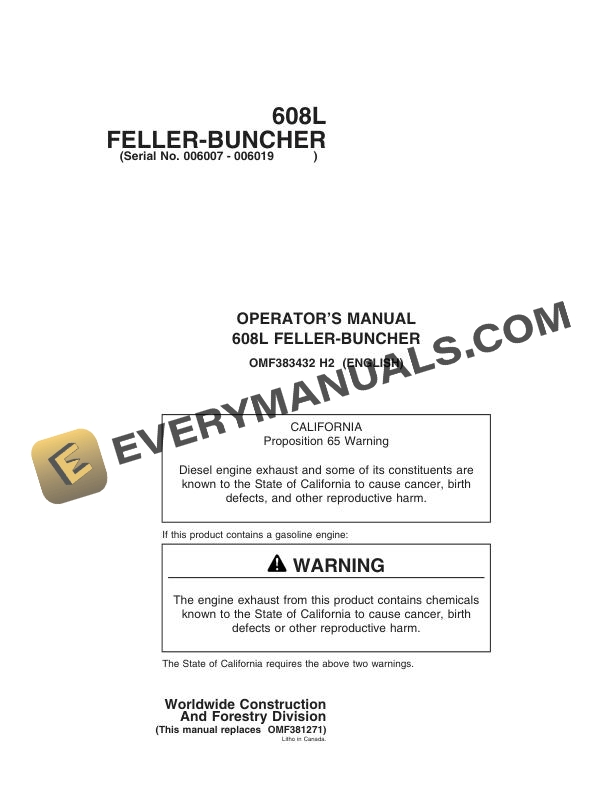 John Deere 608L Feller Buncher Operator Manual OMF383432
