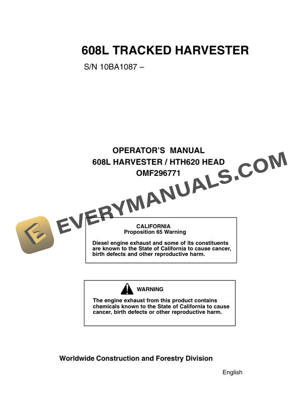 John Deere 608L Tracked Harvester Operator Manual OMF296771