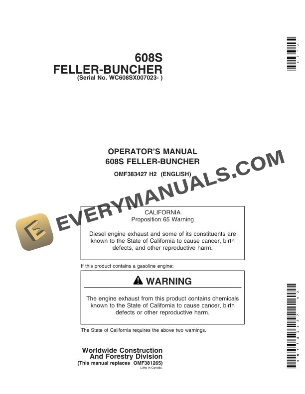 John Deere 608S Feller Buncher Operator Manual OMF383427