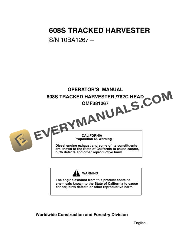 John Deere 608S Tracked Harvester Operator Manual OMF381267