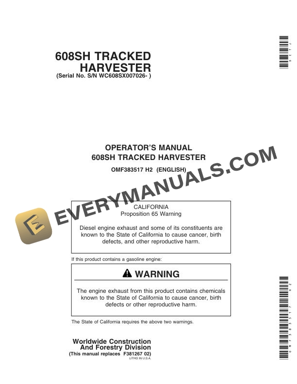 John Deere 608SH Tracked Harvester Operator Manual OMF383517
