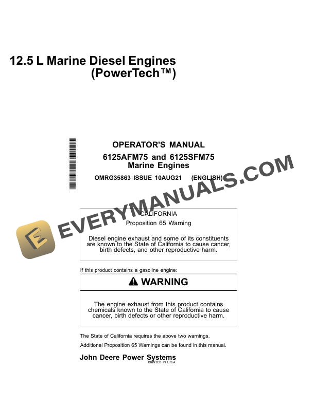 John Deere 6125AFM75 6125SFM75 Marine Engine Operator Manual OMRG35863